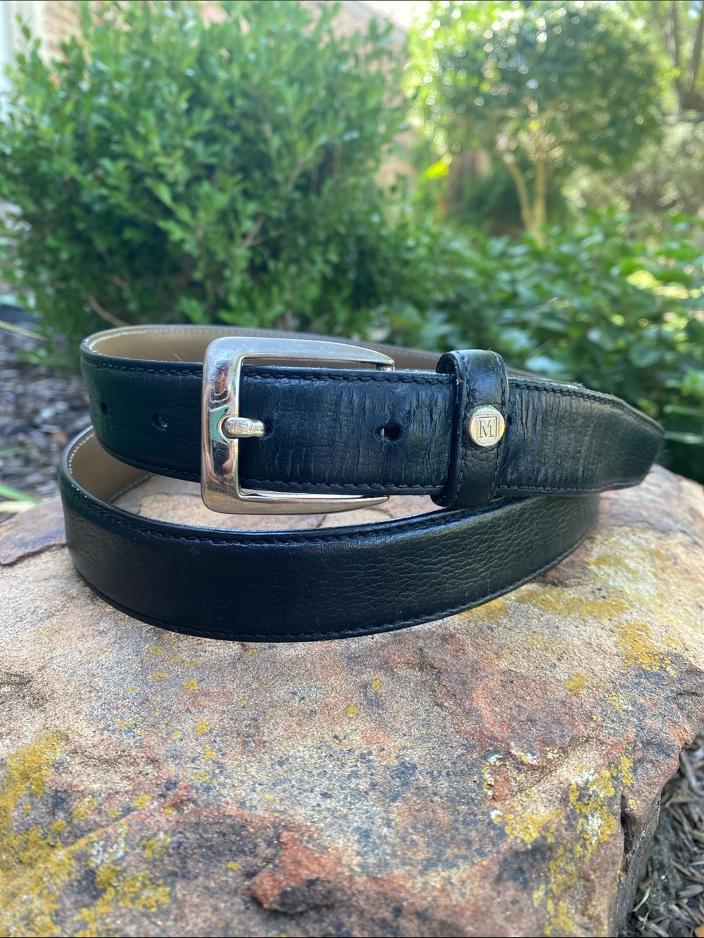 Bruno Magli Black Leather Belt  with Silver tone brass buckle  Made in Italy